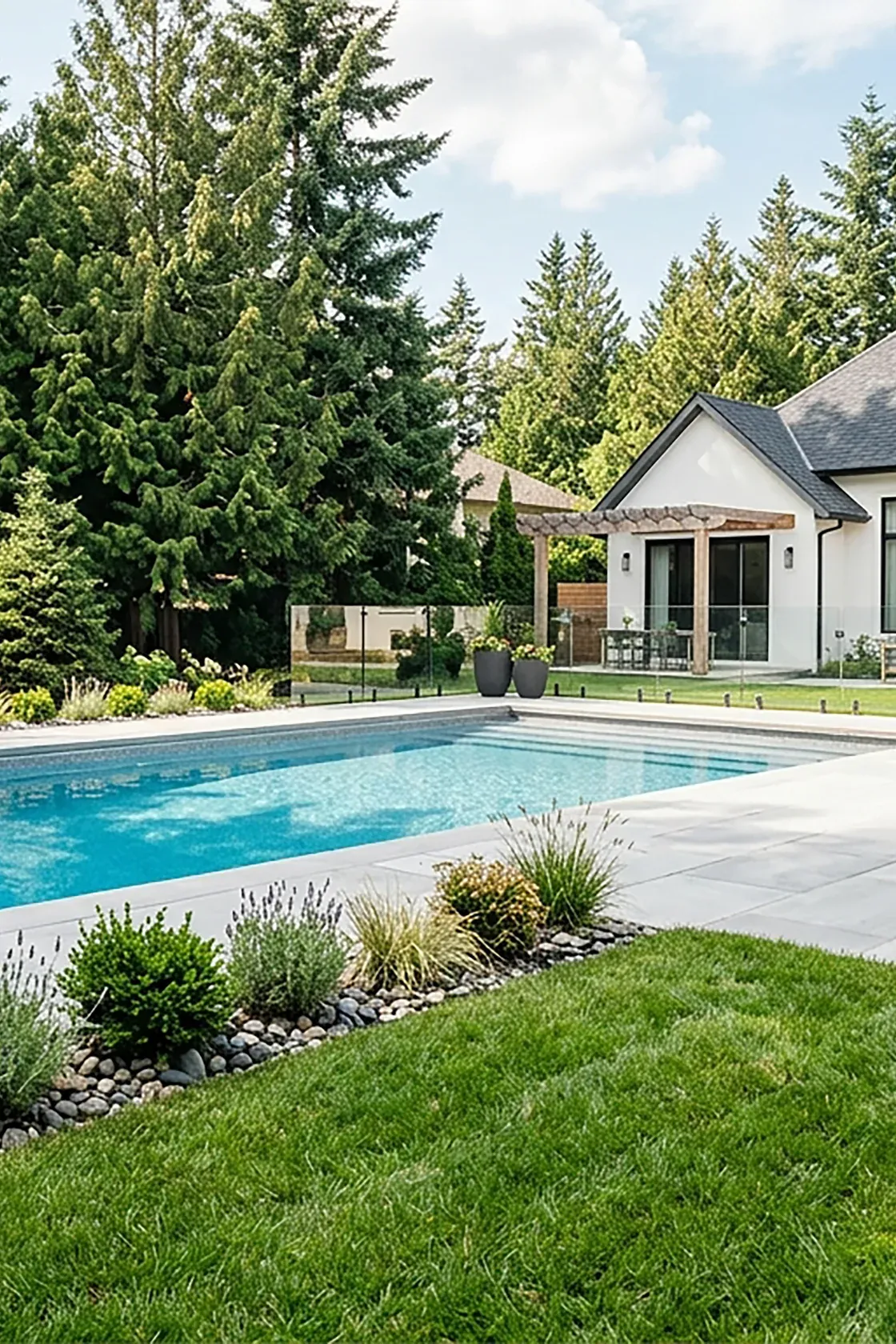 A newly built backyard pool with a stone deck, lounge chairs and a fresh lawn, in front of a white single-story home with a covered patio