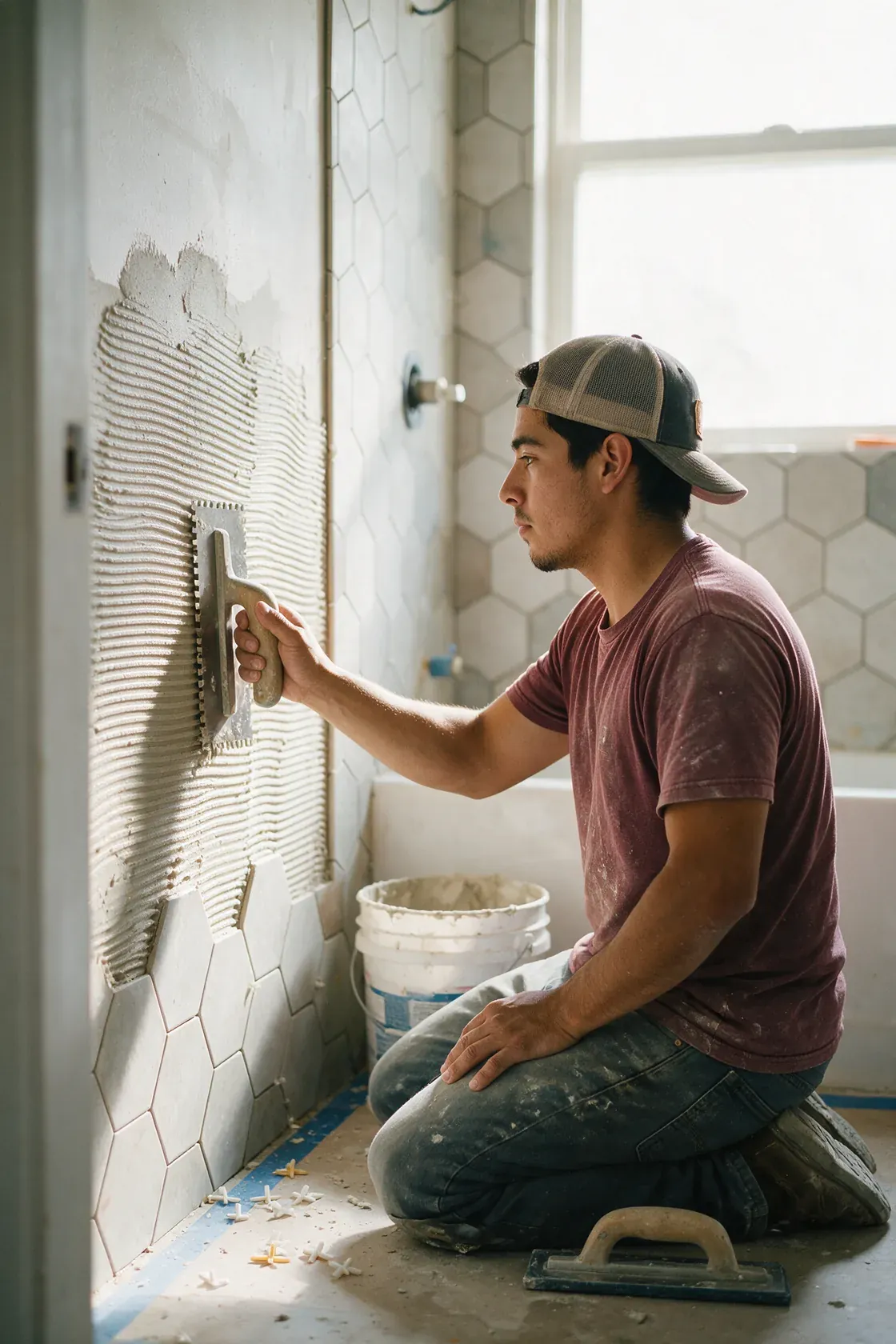 A tile setter kneeling to comb thinset onto a bathroom wall with a notched trowel, beside a partly installed run of white hexagonal tile