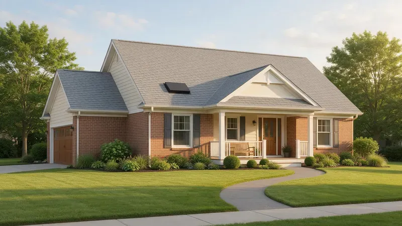 A finished roof on a suburban home, photographed after the job was completed