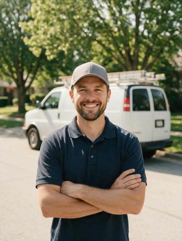 A contractor in a company cap standing with his arms crossed in front of his work van