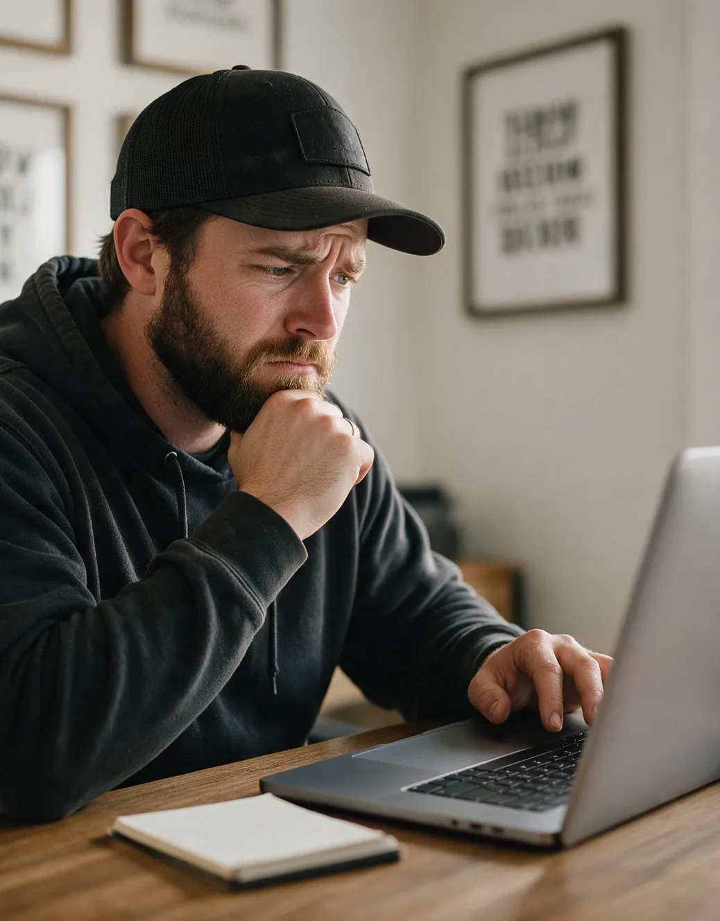 A contractor in a ball cap frowning at his laptop at a workshop desk
