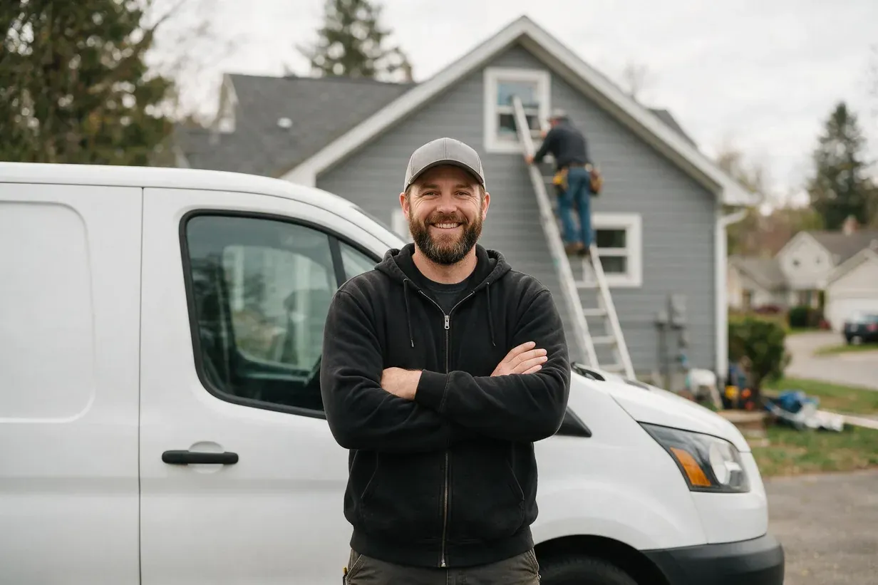 A contractor standing by his van while a crew member works on a roof ladder behind him