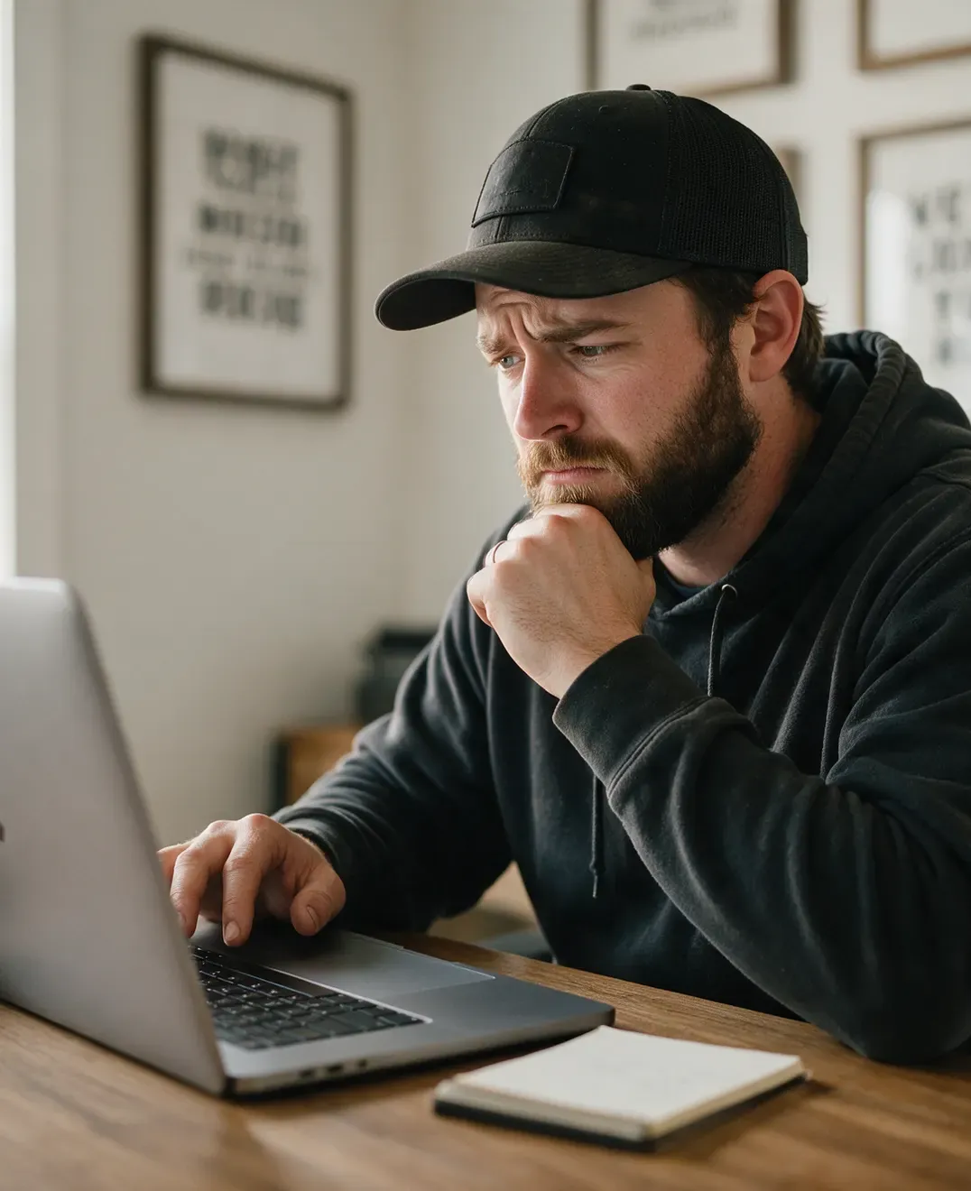 A contractor in a cap frowning at his laptop, chin on his fist, at a kitchen table