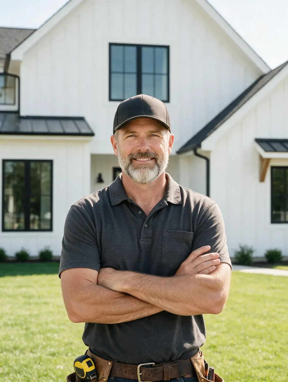 A home-service contractor standing with his arms crossed in front of a white farmhouse