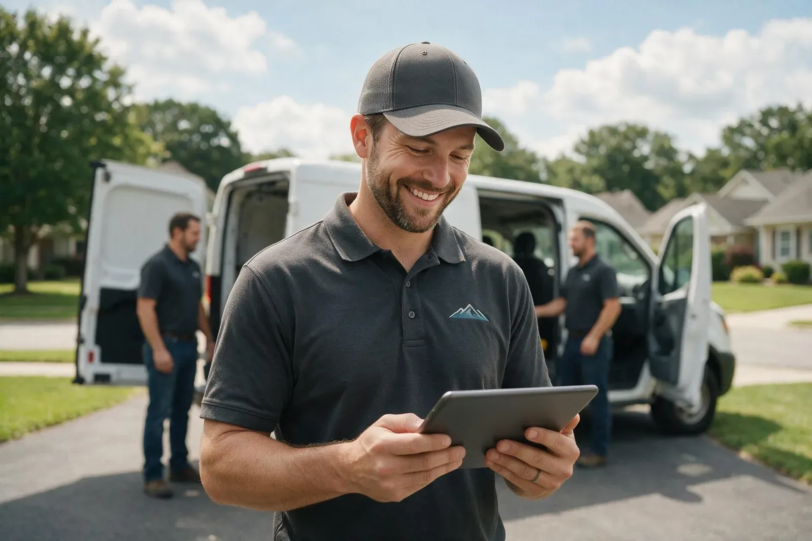 A contractor in a company polo smiling at his tablet in a driveway while his crew loads two white work vans behind him