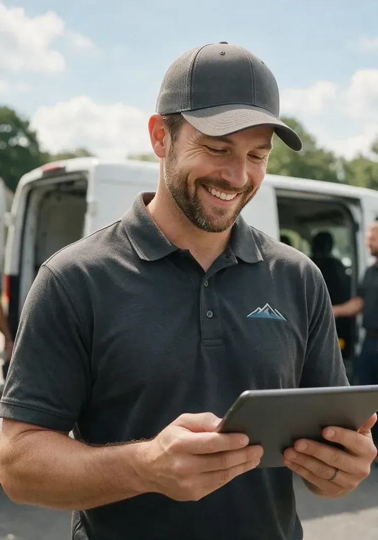 A contractor in a company polo smiling at his tablet in a driveway while his crew loads two white work vans behind him