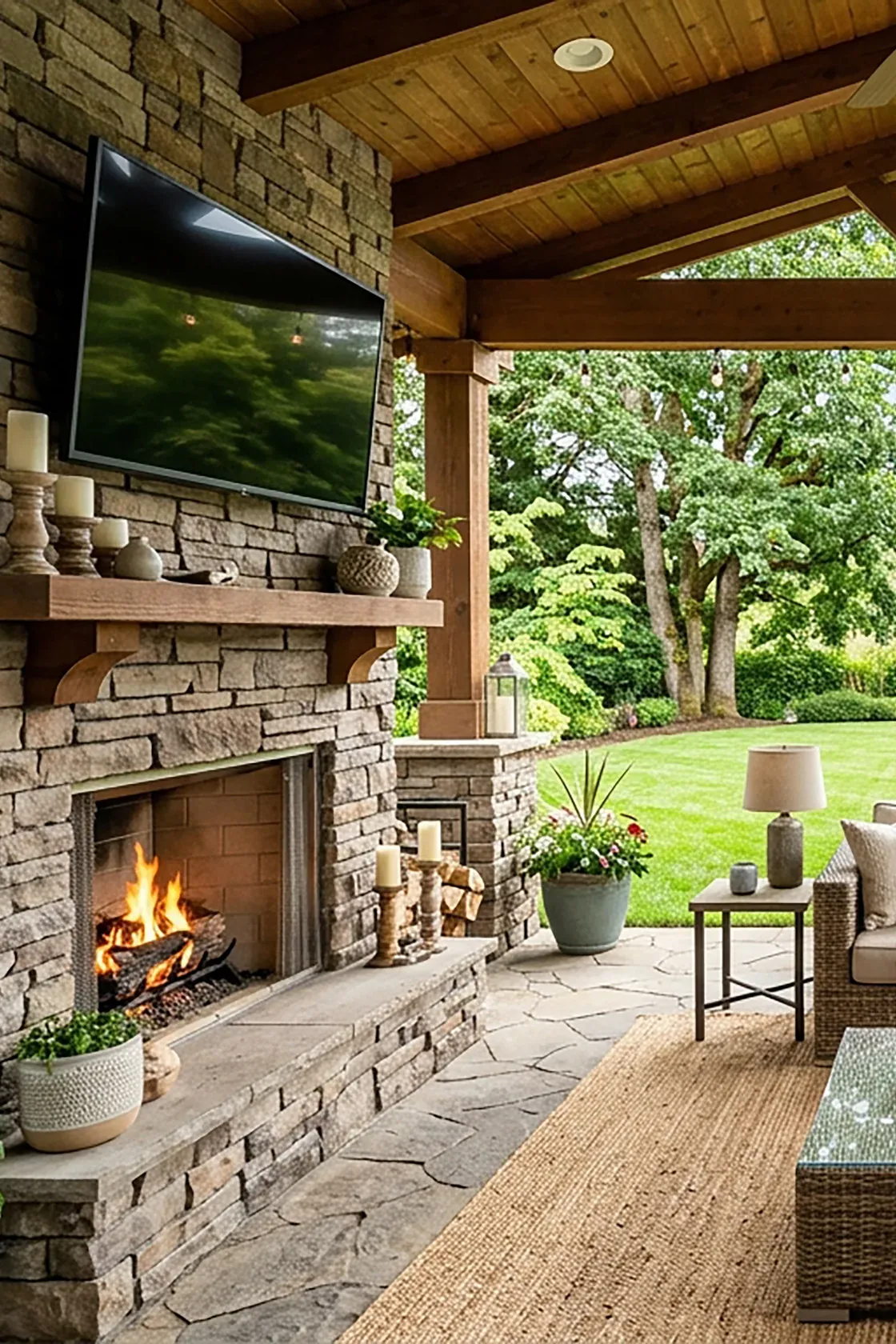 A covered backyard pavilion with a stacked stone fireplace, a stone patio and wicker seating, looking out over a landscaped lawn