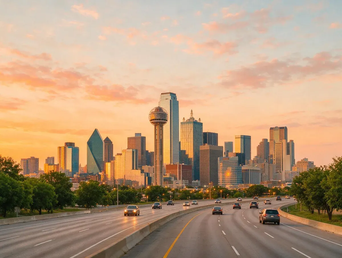 The Dallas skyline at sunset, seen along a highway into downtown