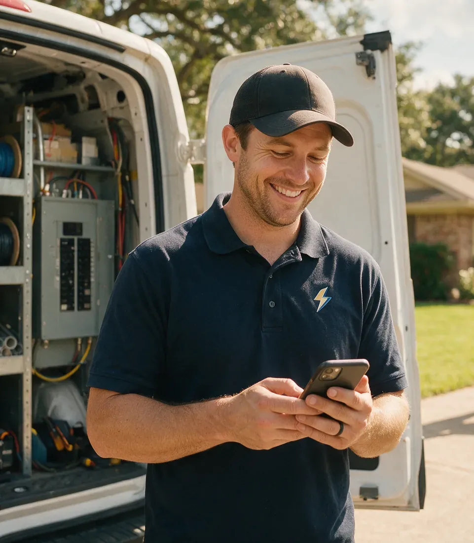 A smiling electrician in a navy company polo checking his phone at the back of his work van, with a breaker panel and wire spools on the shelves