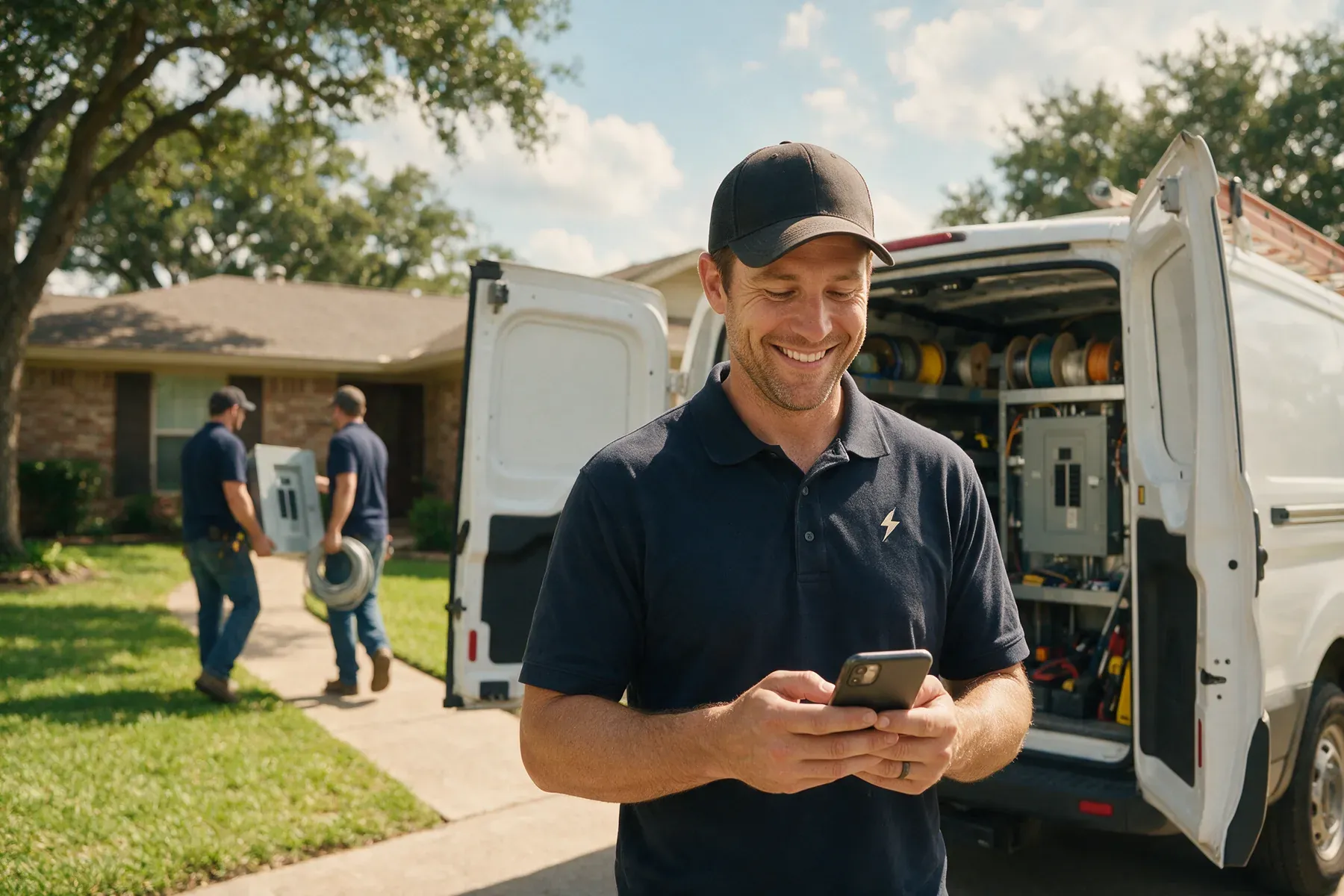 An electrical contractor smiling at his phone beside his open work van stocked with wire spools while his crew carries a new electrical panel to a home