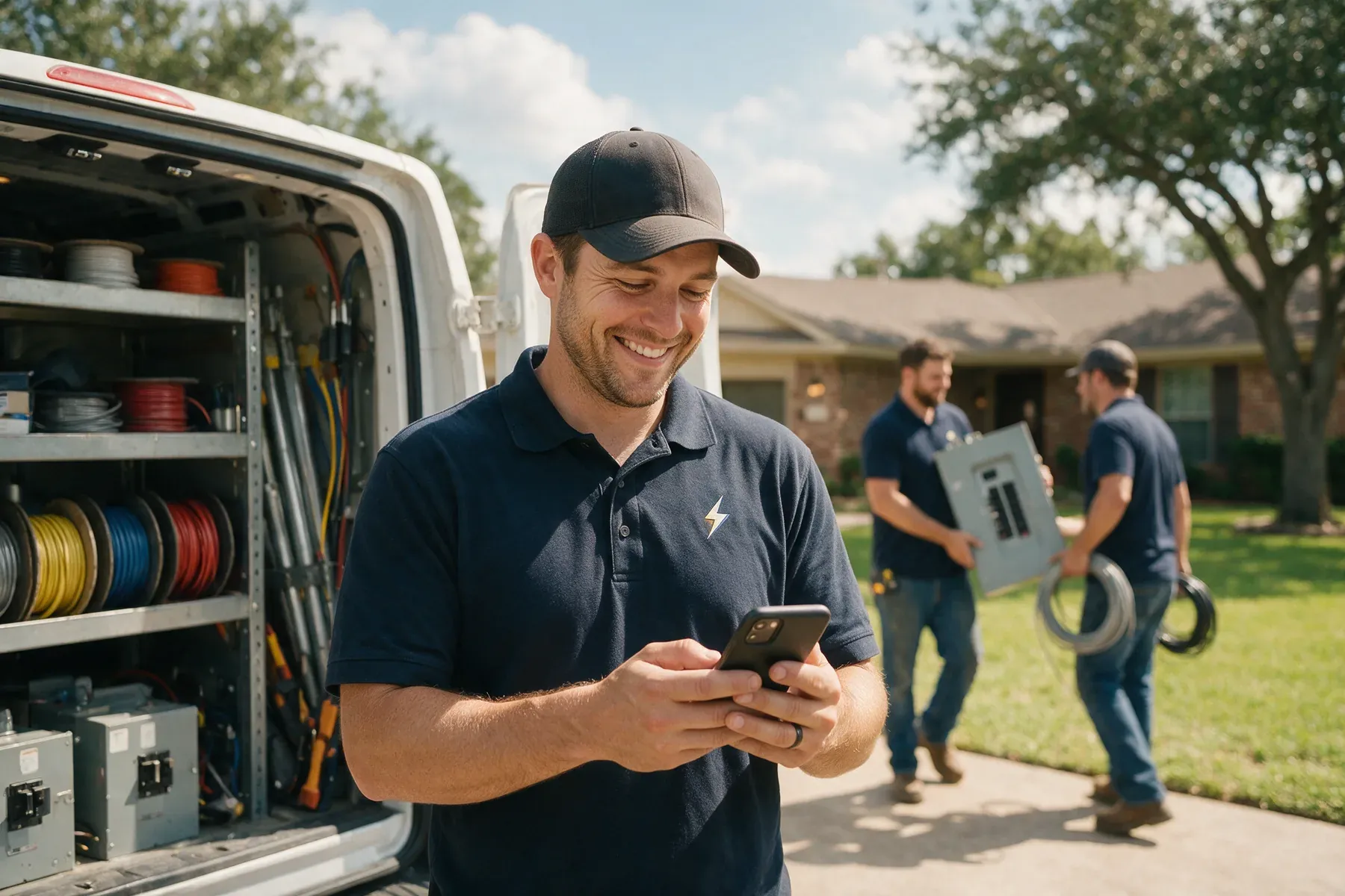 A home-service company owner smiling at his phone beside his open work van while his crew carries in an electrical panel