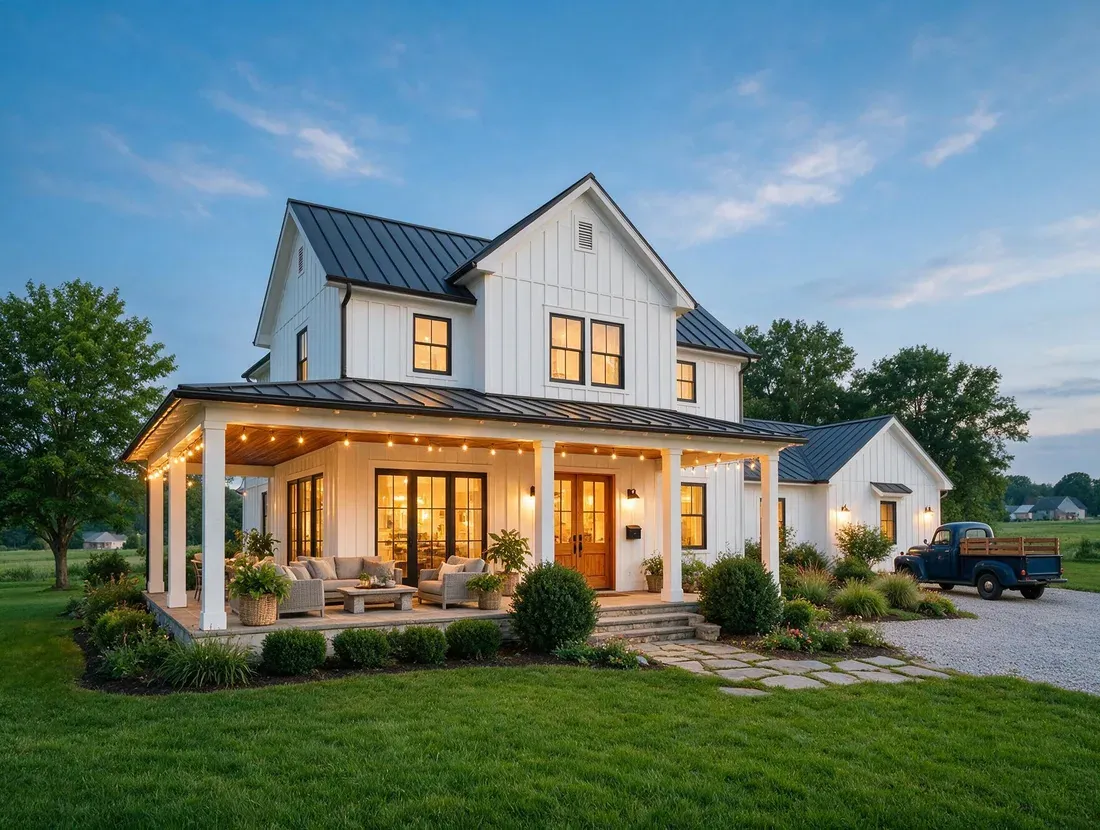 A finished modern farmhouse remodel photographed at dusk with the porch lit