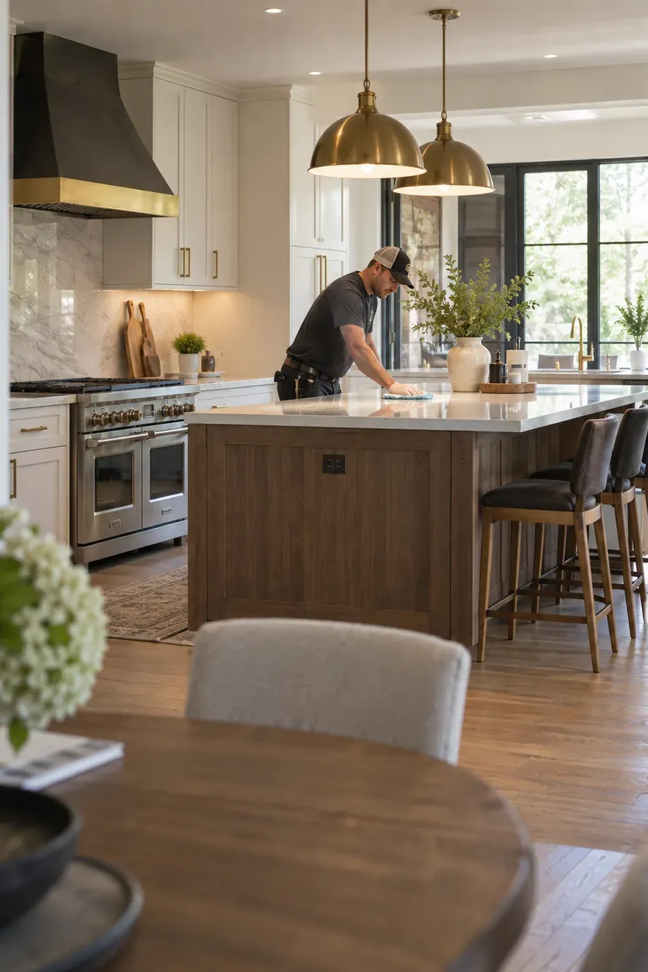 Seen through a doorway, an installer in gloves wiping down the quartz top of a walnut island in a finished kitchen with a brass-trimmed range hood