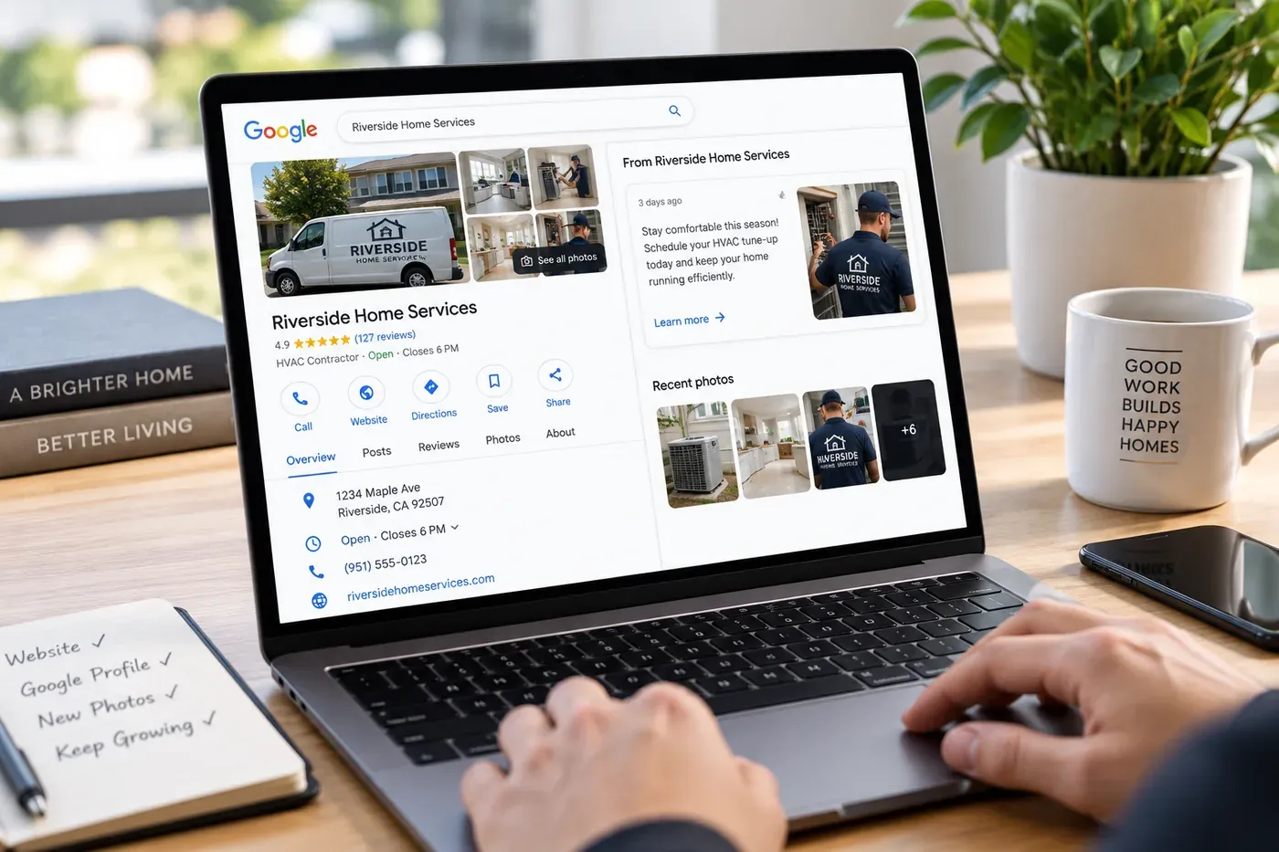 A laptop on a desk showing a home-service company's Google Business Profile with photos and reviews