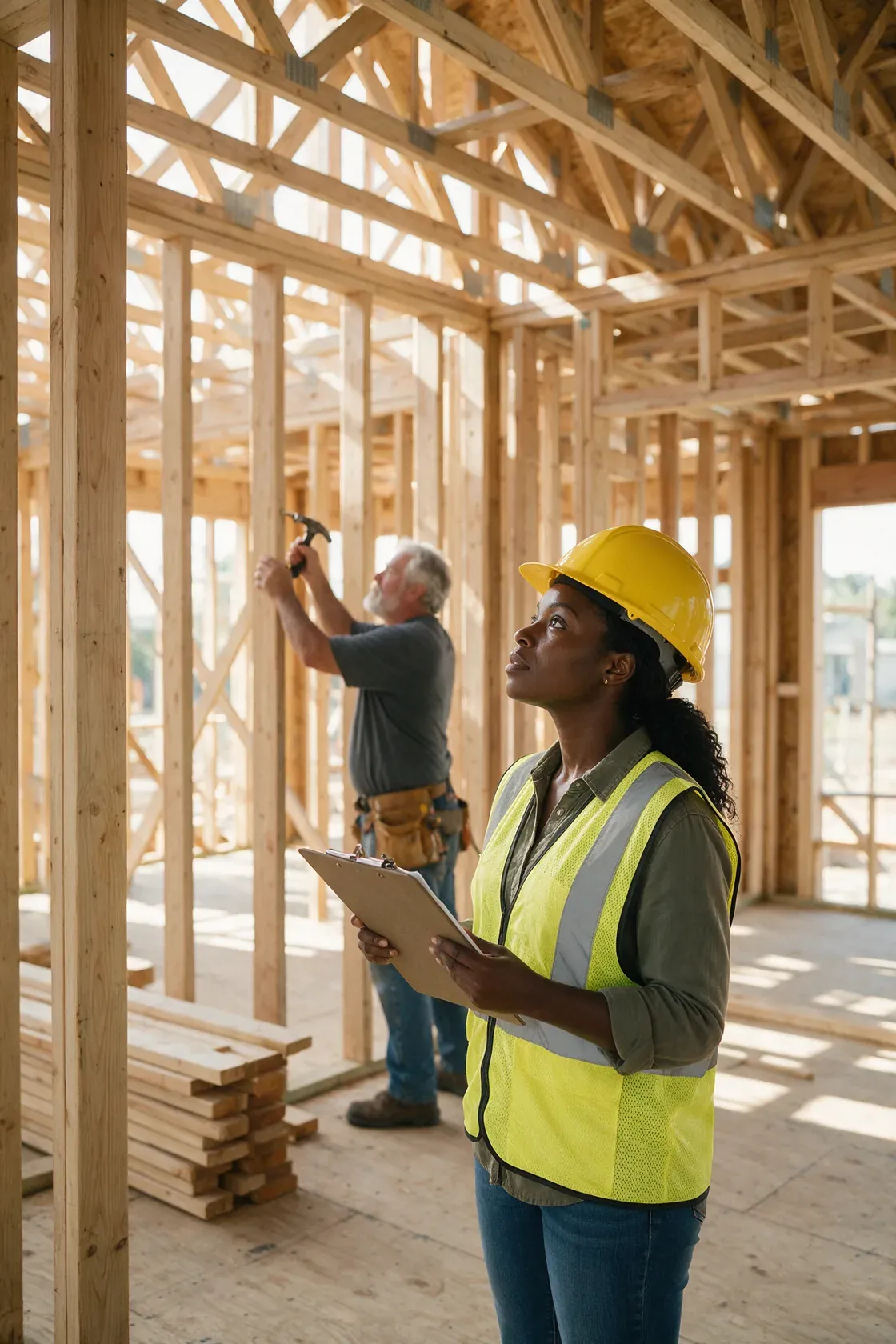 A builder in a hard hat and hi-vis vest checking the roof framing of a house under construction while a carpenter nails off a stud wall behind her