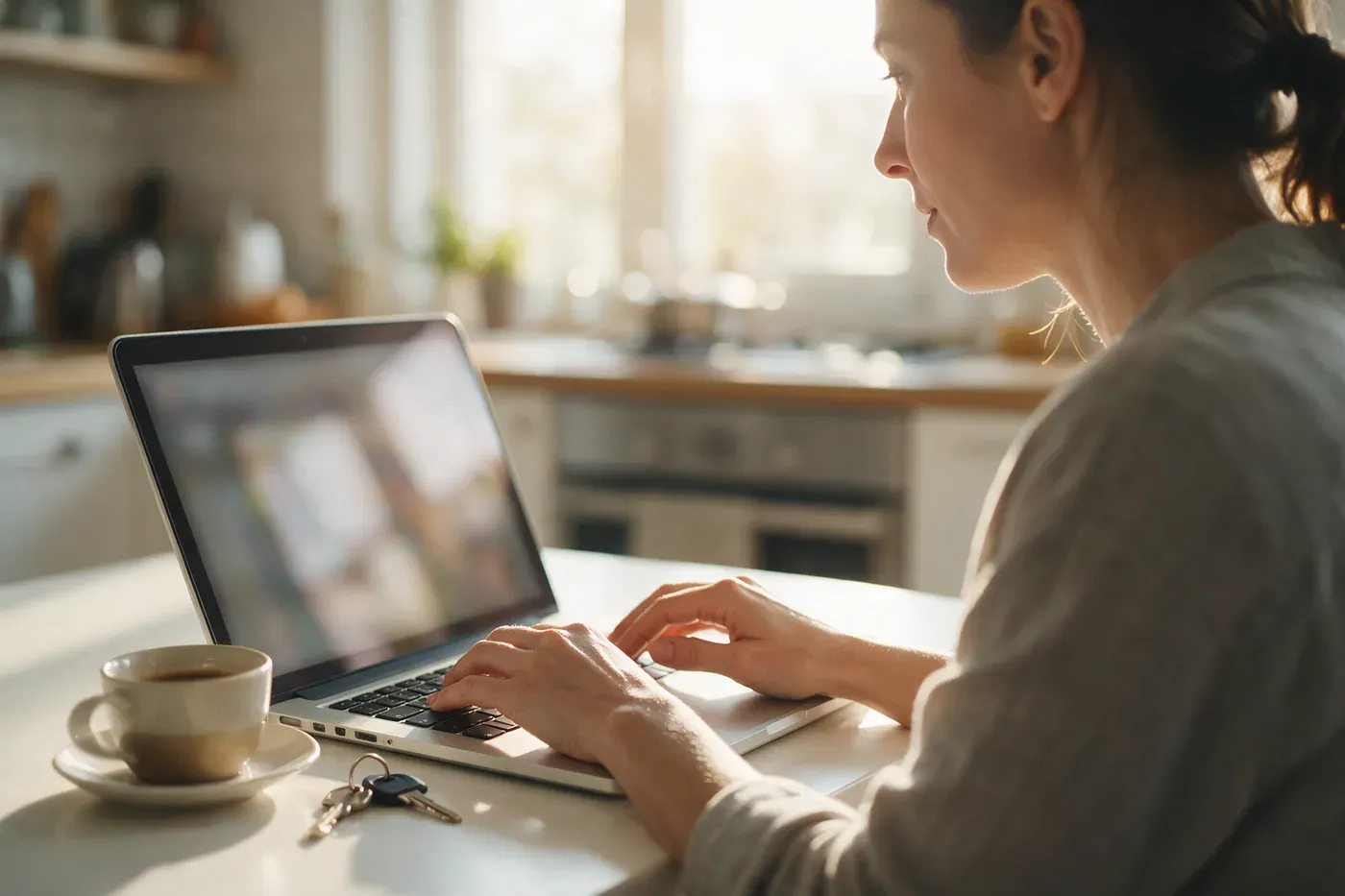 A homeowner at a bright kitchen table typing a question into a laptop while she decides who to call