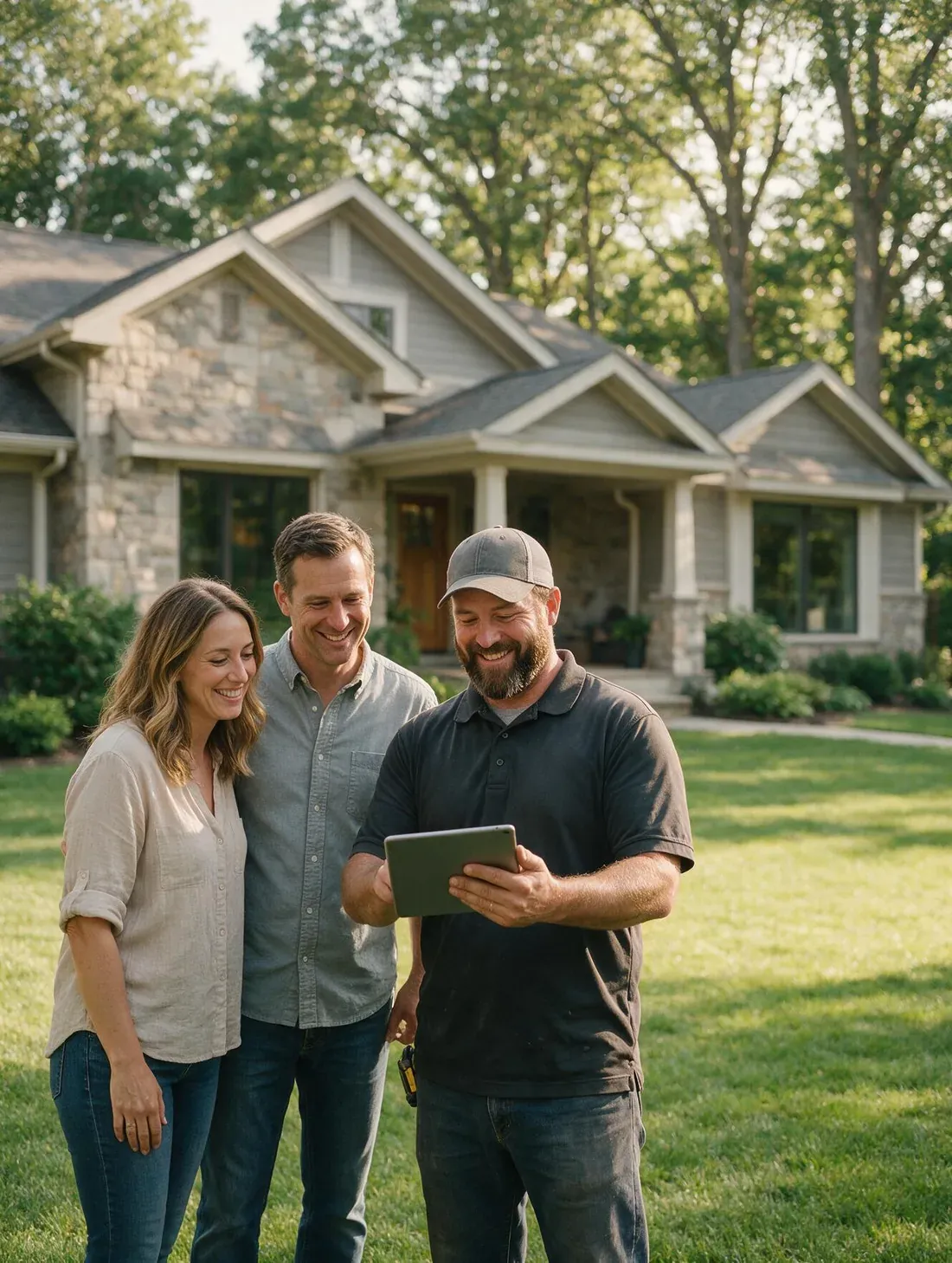 A homeowner couple reviewing plans on a tablet with their contractor outside their house