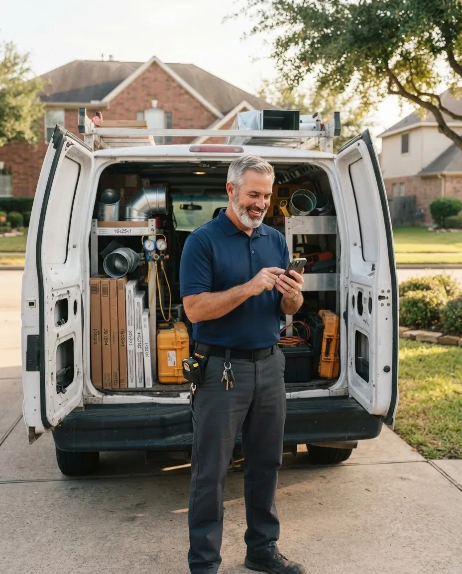 An HVAC company owner checking his phone at the open back doors of a service van loaded with ductwork and filters
