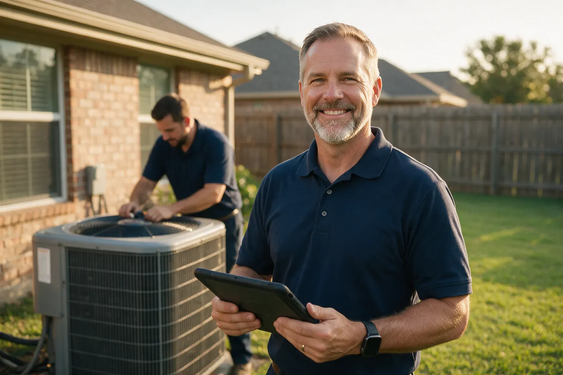 An HVAC company owner in a navy polo holding a service tablet beside an outdoor condenser unit while a technician works on it behind him