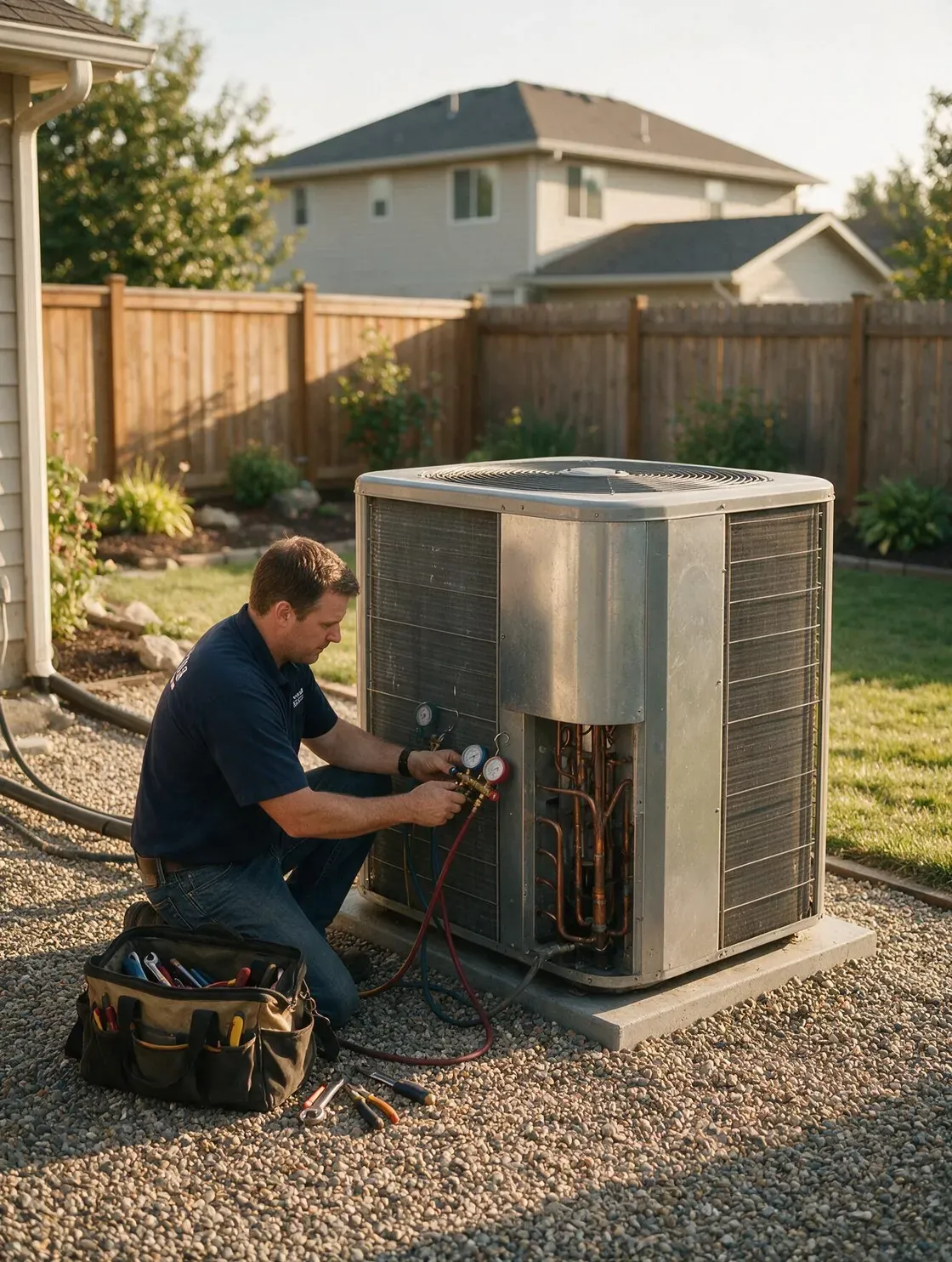 An HVAC technician servicing an outdoor condenser unit beside a house