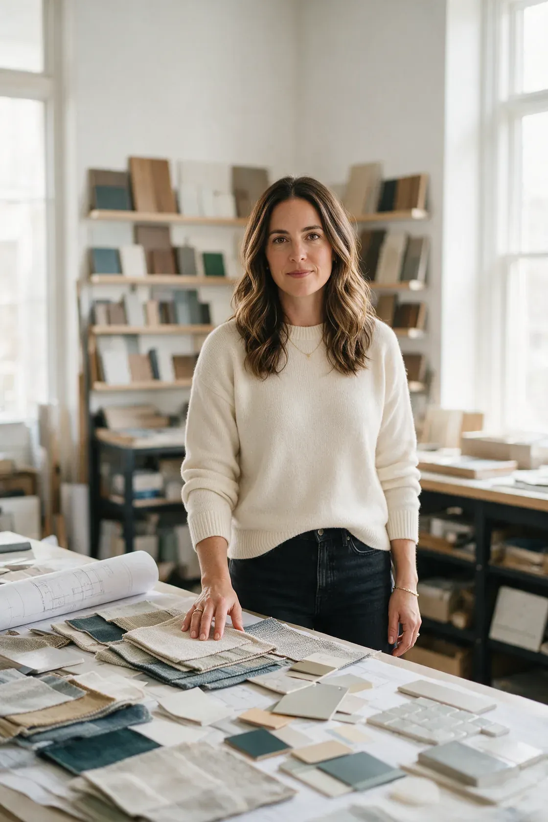 An interior designer standing at a studio table covered with fabric swatches, paint chips, tile samples and a rolled floor plan, with shelves of finish samples behind her