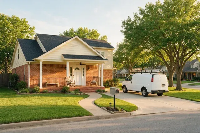 A service van parked outside a freshly finished home