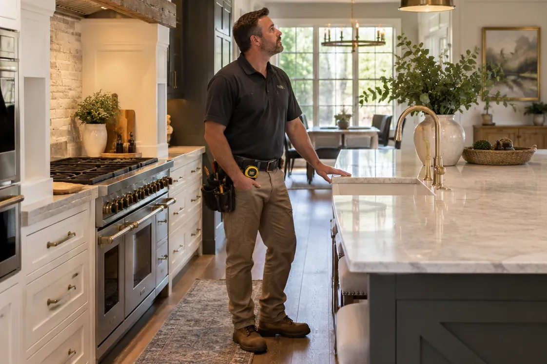A kitchen remodeler in a tool belt resting a hand on the marble island of a finished kitchen while he looks up at the cabinetry