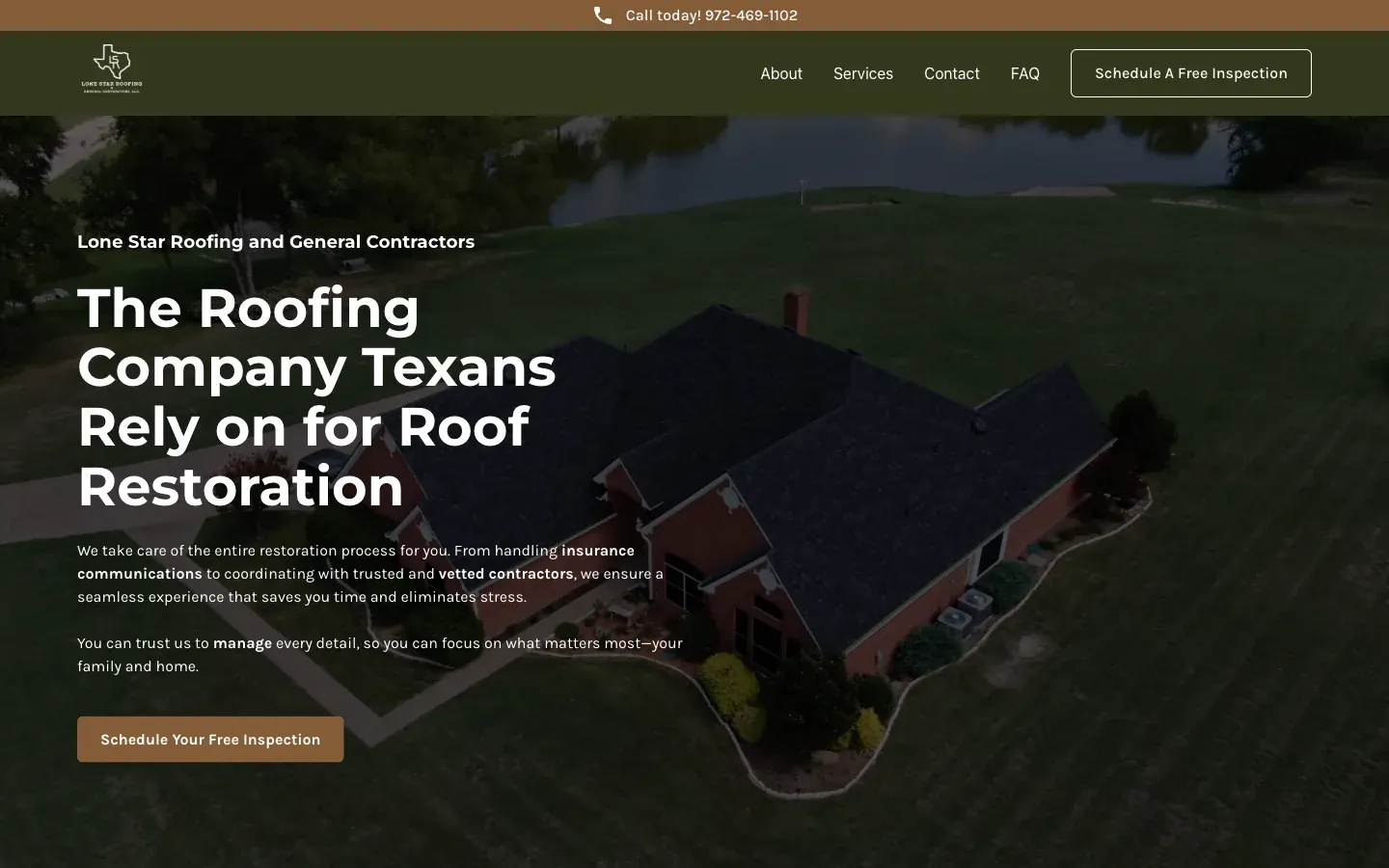 Homepage of the Lone Star Roofing website, built by CL Creative
