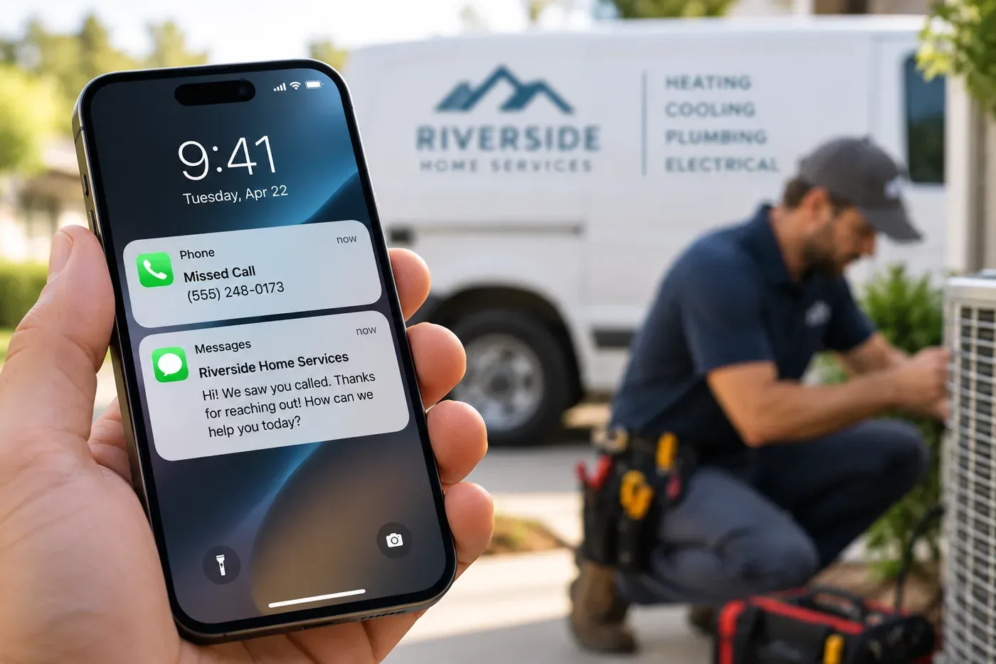 A phone showing an automatic missed-call text reply while a technician works beside a service van