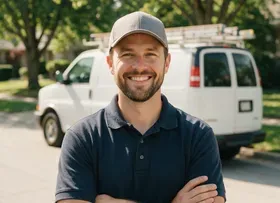 An outdated crew photo of a contractor standing beside his work van