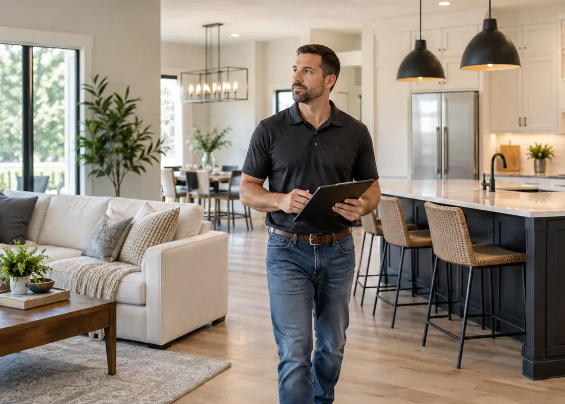 A home improvement company owner with a tablet walking through a finished open-plan living room and kitchen remodel