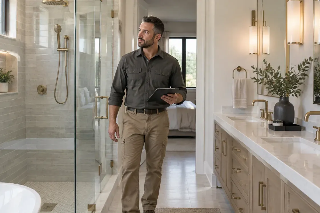 A bathroom remodeler holding a tablet as he walks past the glass shower and long double vanity of a finished primary bathroom
