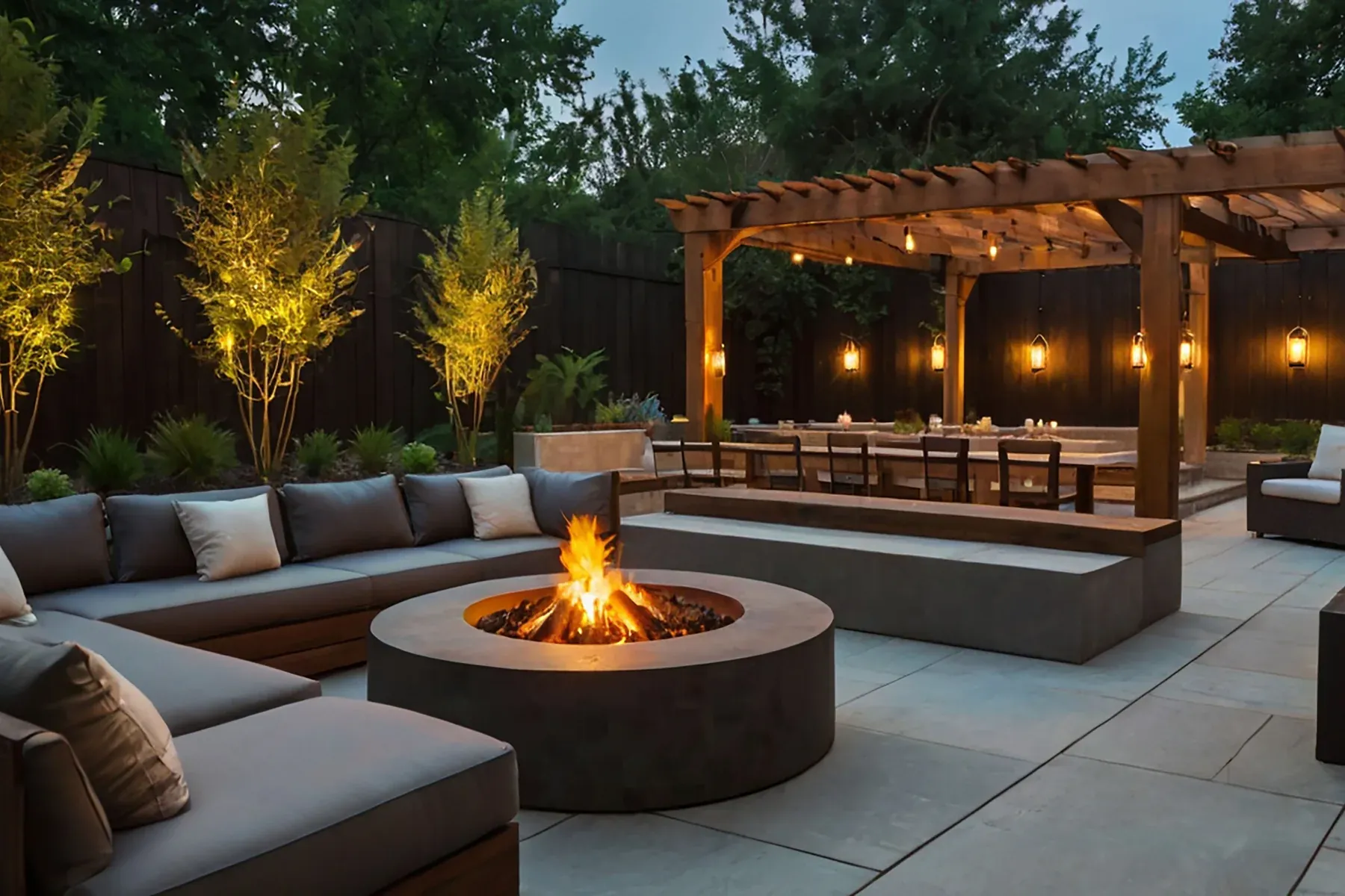 A stone patio at dusk with a round fire pit and a wraparound outdoor sectional, beside a lit cedar pergola over a long dining table