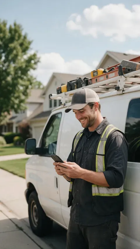 A contractor in a safety vest checking his phone at a job site