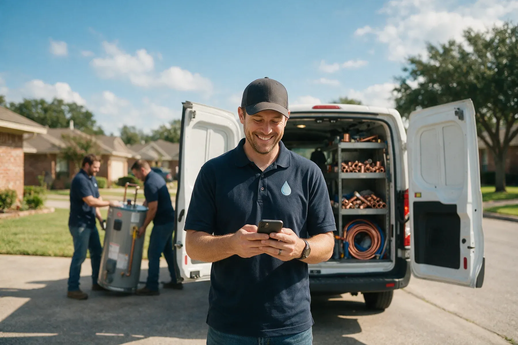 A plumbing company owner smiling at his phone beside his open work van while his crew unloads a new water heater