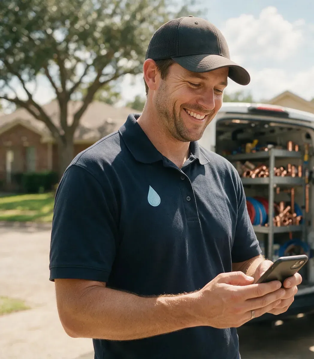 A smiling plumber in a navy company polo checking his phone in front of his work van stocked with copper fittings