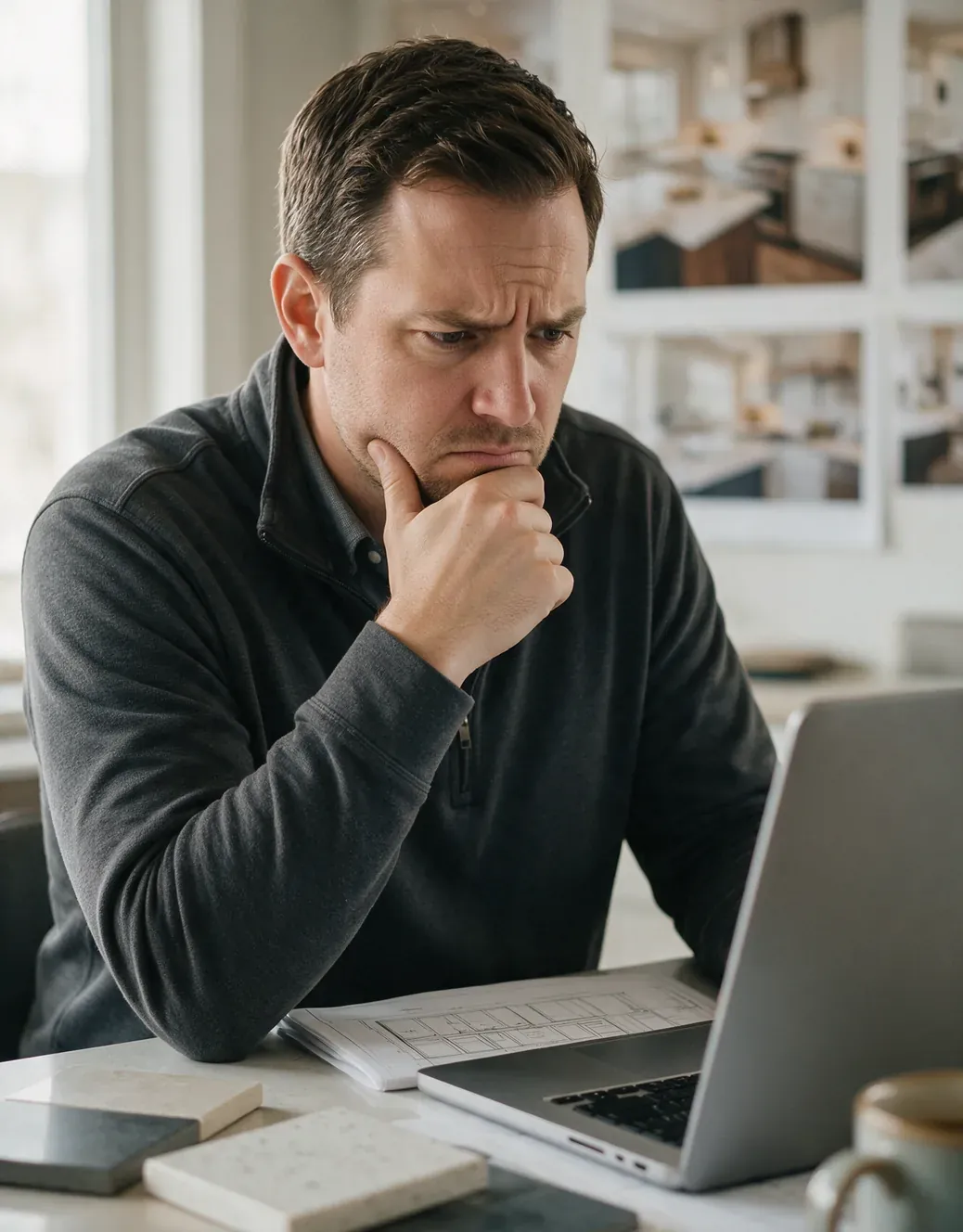 A remodeling company owner in a quarter-zip frowning at his laptop at a desk scattered with tile samples and kitchen elevation drawings