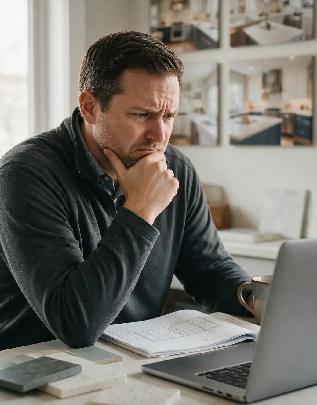 A home improvement company owner in a quarter-zip frowning at his laptop, chin in hand, beside a set of floor plans and stone samples