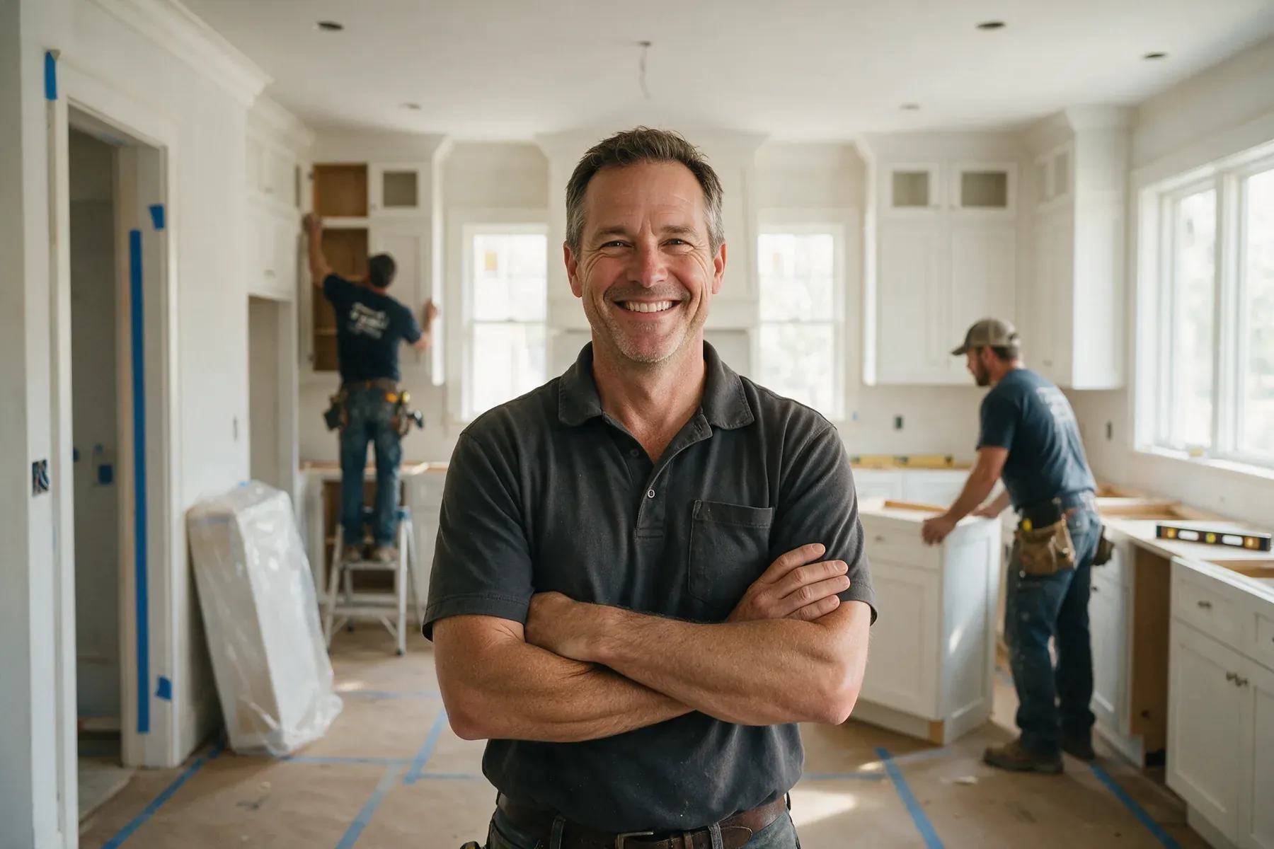 A remodeling company owner in a work polo standing with his arms crossed in a kitchen renovation while two of his crew install custom cabinetry behind him