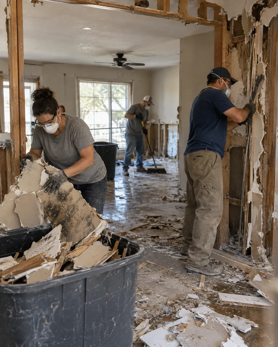 A restoration worker in a dust mask loading broken drywall into a bin while two crew members clear the gutted room behind her