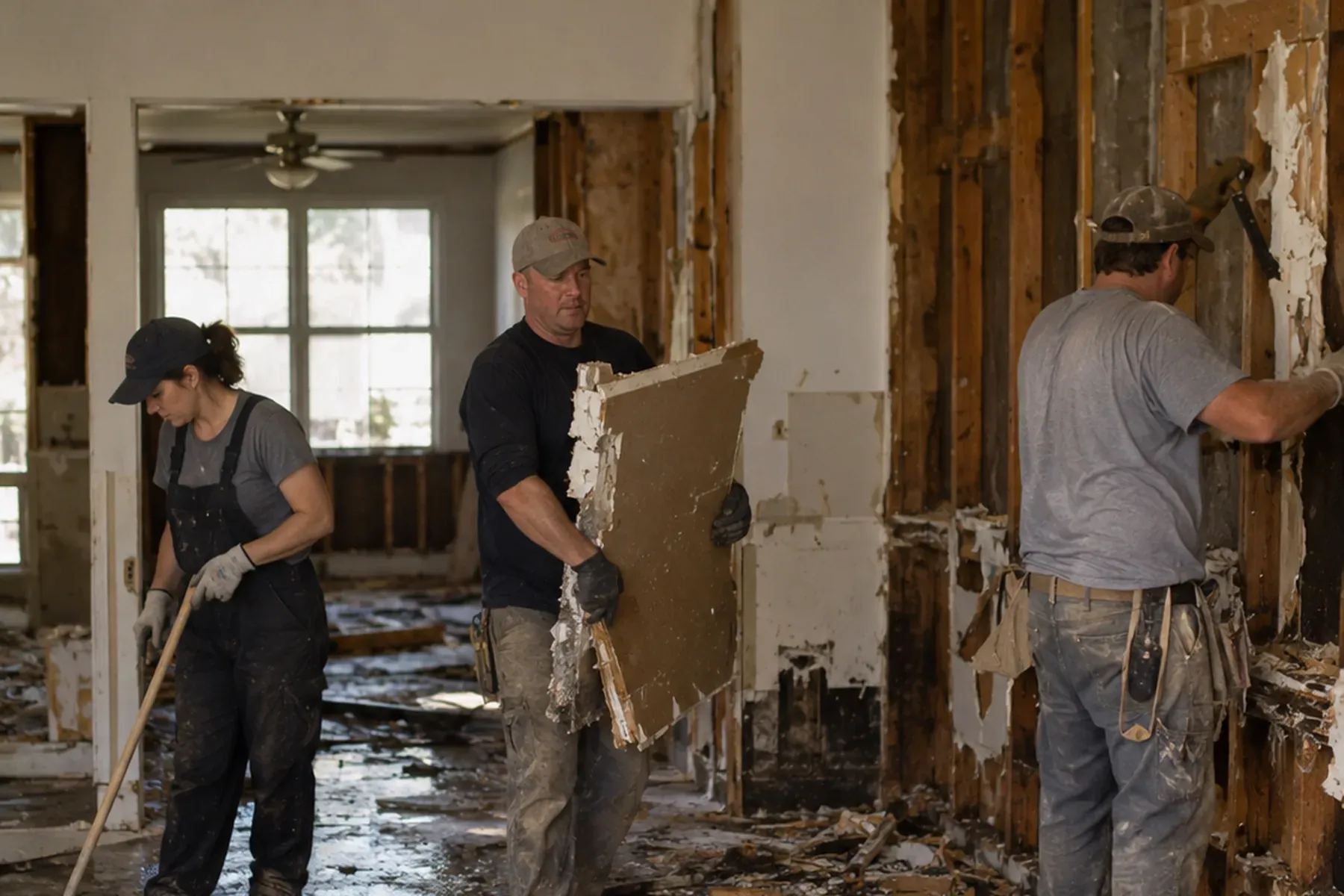 A restoration crew working in a water-damaged house, carrying out drywall and sweeping a wet debris-covered floor, with the walls cut back to the studs