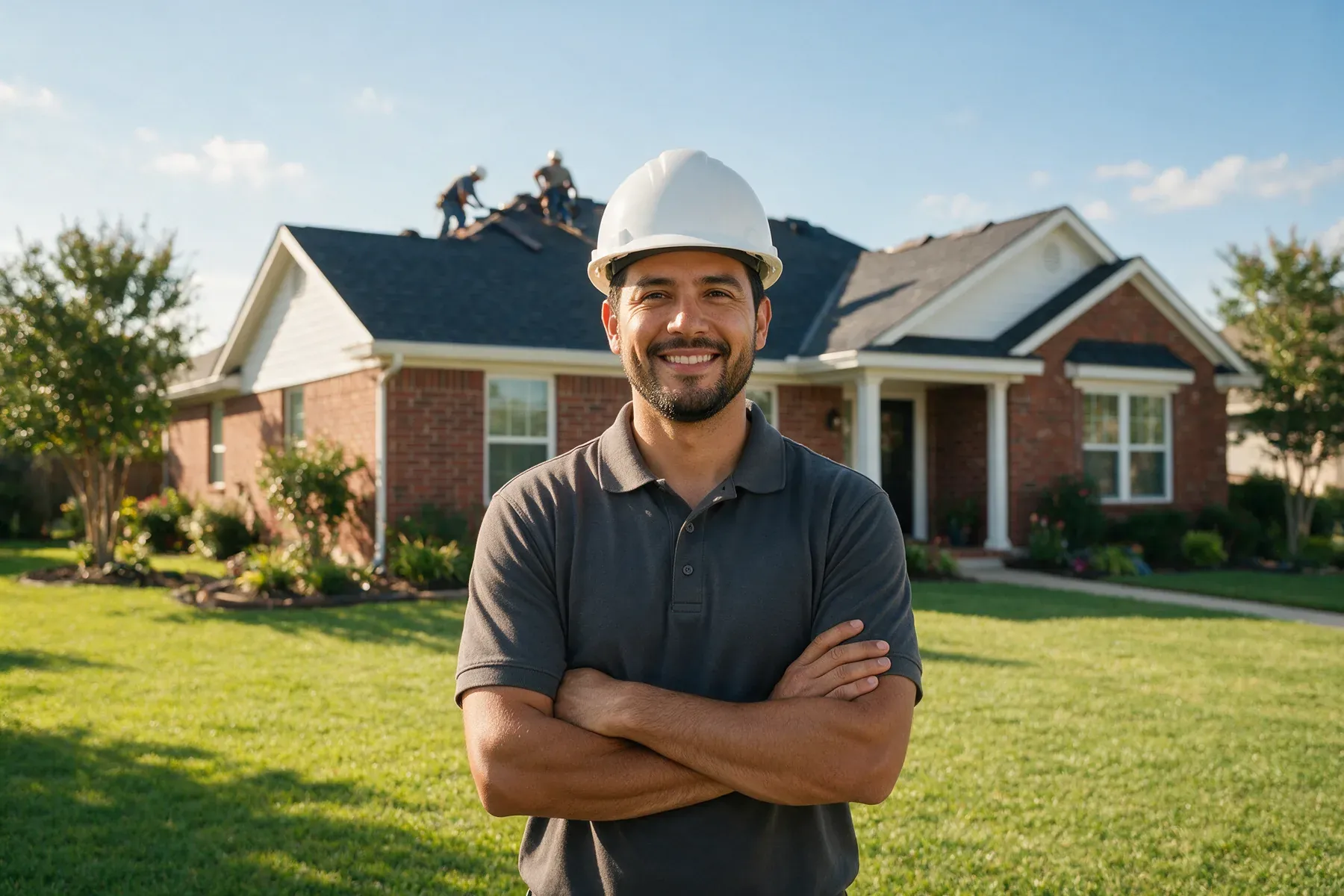 A roofing company owner in a hard hat standing on the lawn of a suburban home while his crew installs a new shingle roof behind him