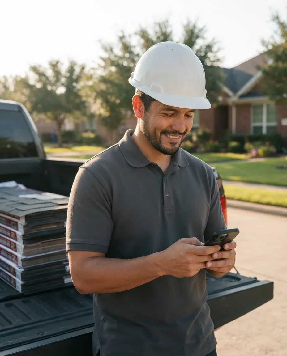 A roofing company owner in a hard hat checking his phone at the tailgate of a truck loaded with bundles of shingles