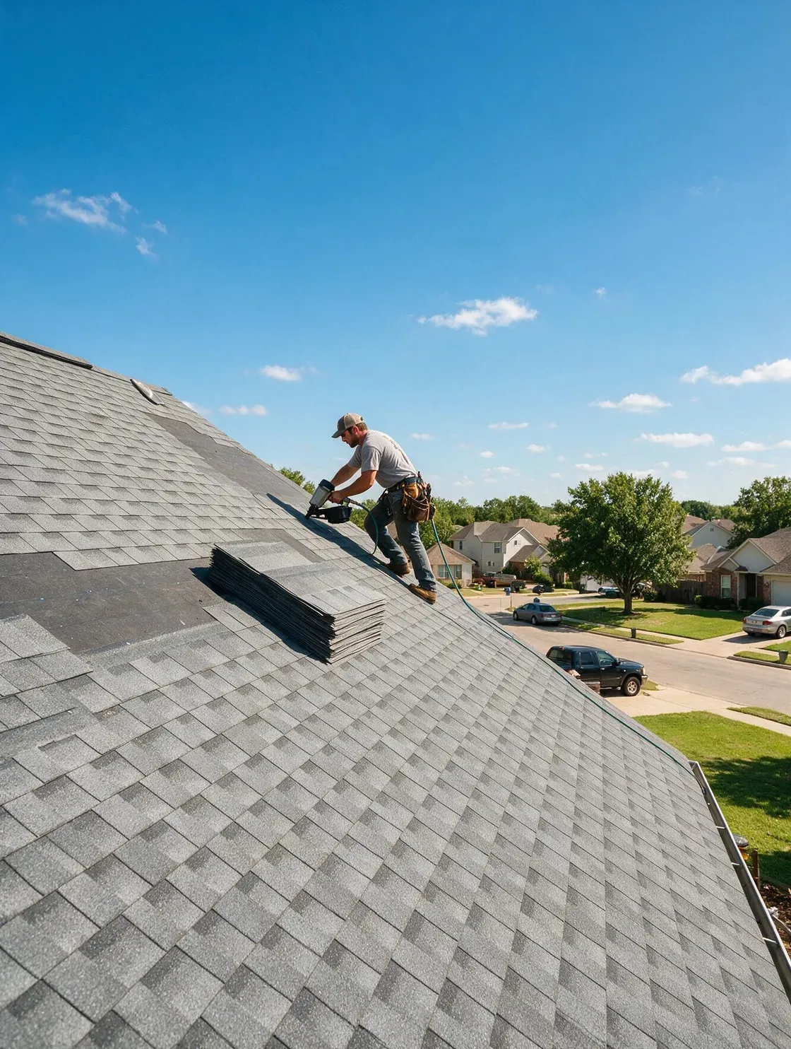 A roofer carrying shingles across a suburban roof on a clear day
