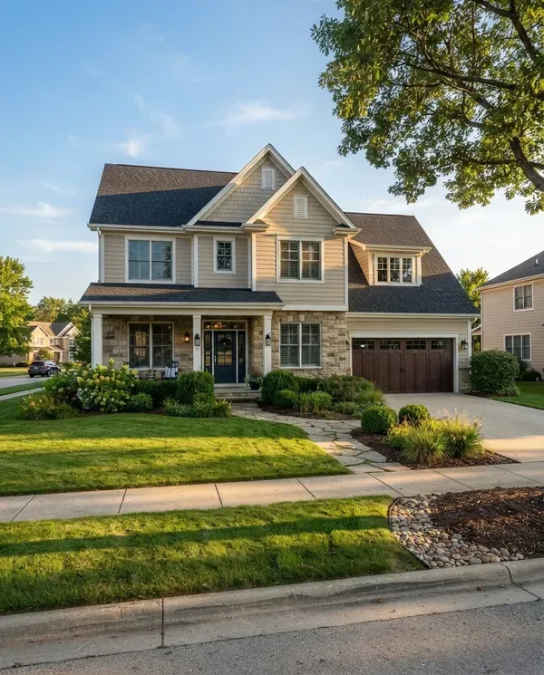 Two-story brick home with a new shingle roof, the hero image on a roofing company's website