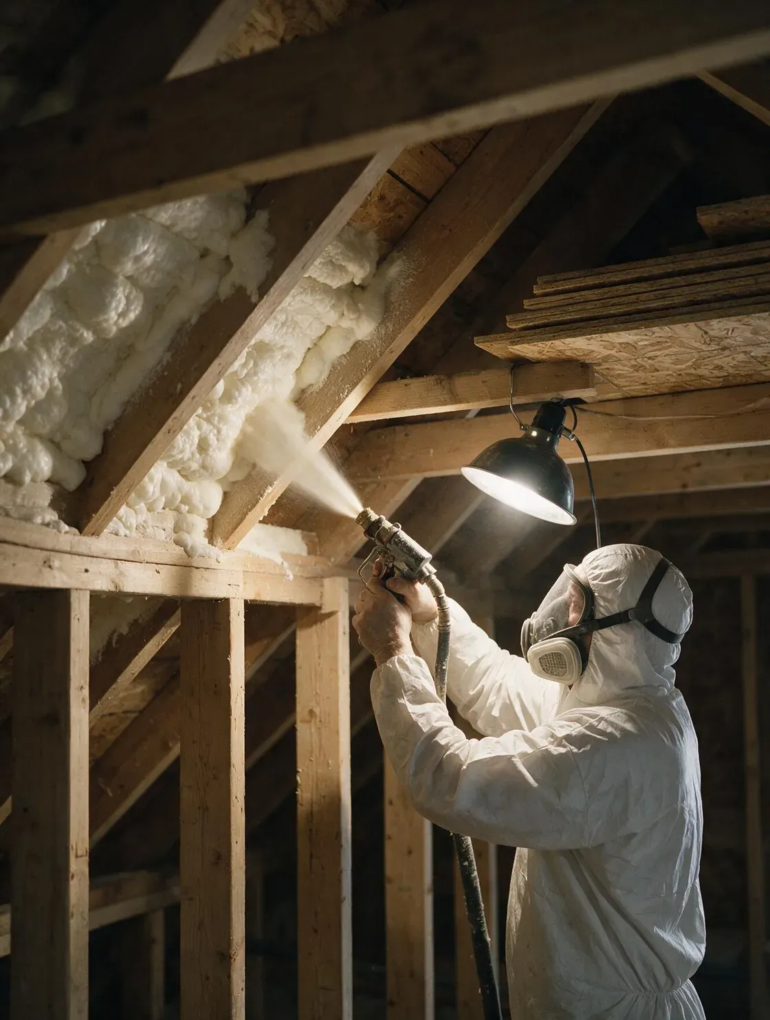 An insulation installer applying spray foam insulation in an attic