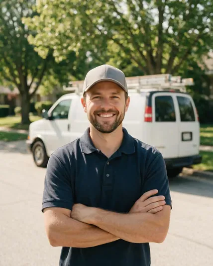 Smiling contractor with his arms crossed standing in front of his service van