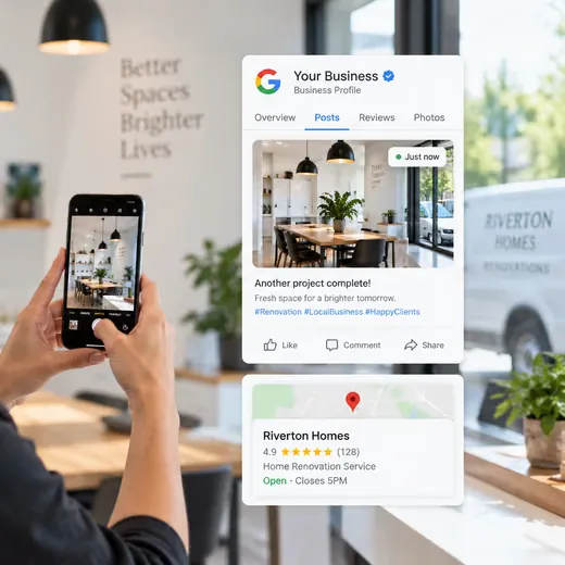 Google Business Profile listing for a home renovation company with a five-star rating