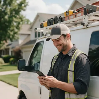 Home service technician checking his phone beside a ladder-racked work van