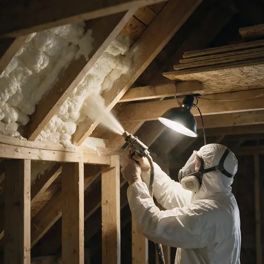 Insulation contractor spraying foam between attic rafters